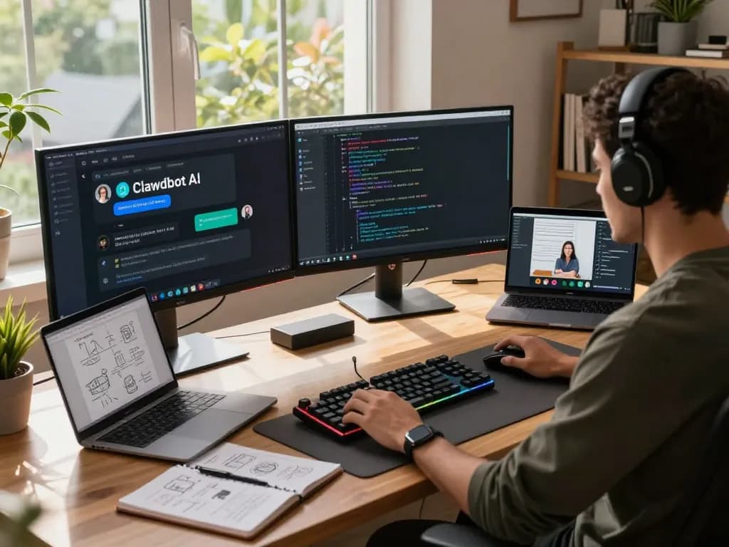 Developer using Clawdbot AI for coding and collaboration in a modern workspace.