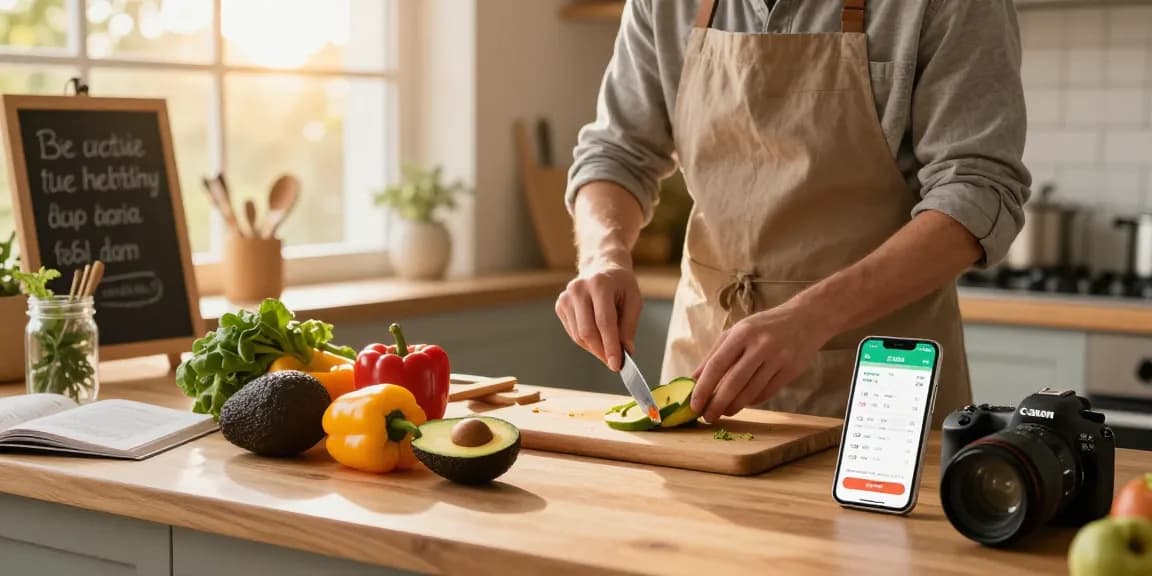 Home cook measuring fresh ingredients with the best food tracker app in a warm kitchen setting