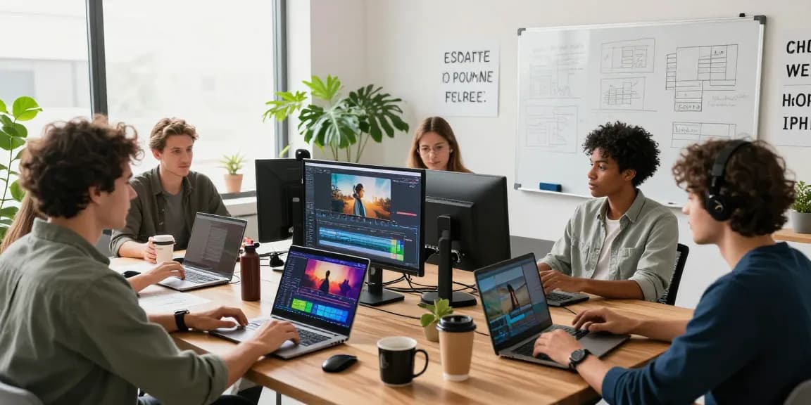 Team collaborating on video production using ai seedance 2.0 in a bright studio setting.