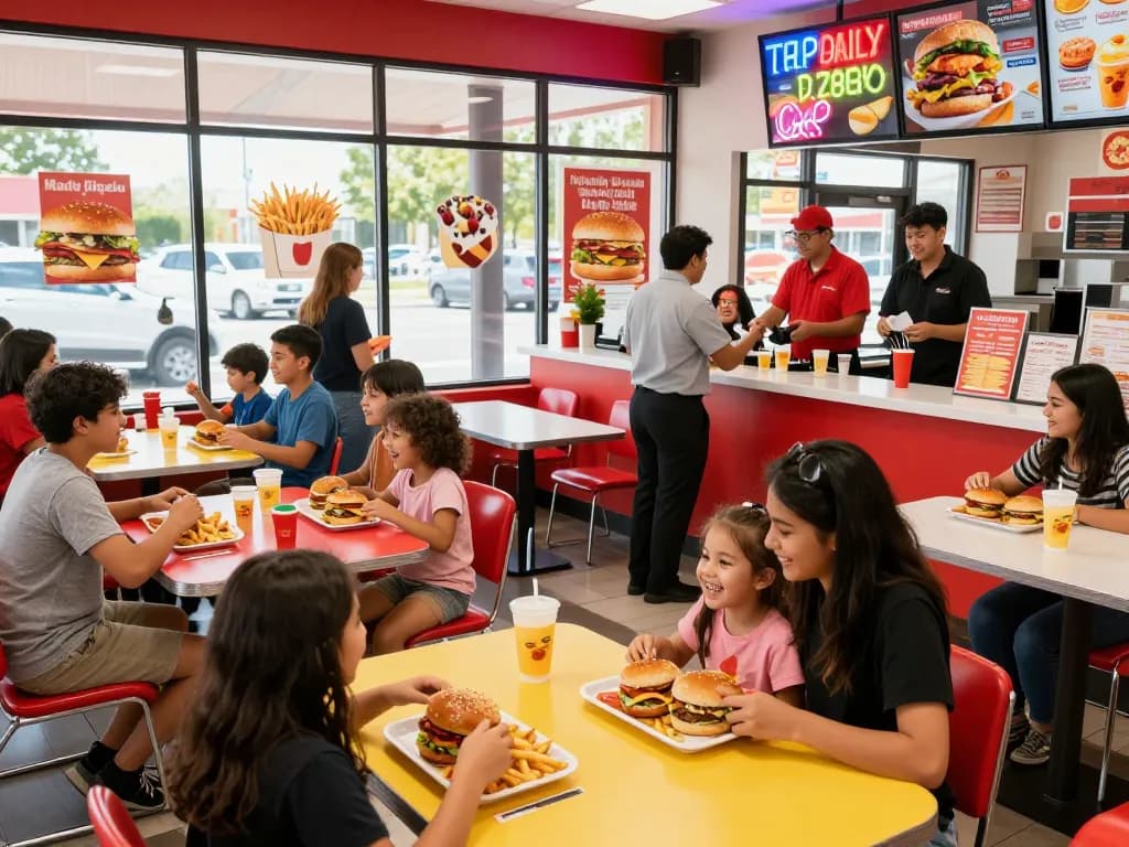 Delicious fast food menu items served in a lively restaurant atmosphere with families enjoying meals.
