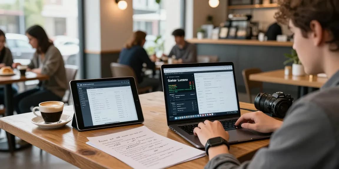Stellar lumens price prediction analysis in a coffee shop with cryptocurrency charts and digital wallets.