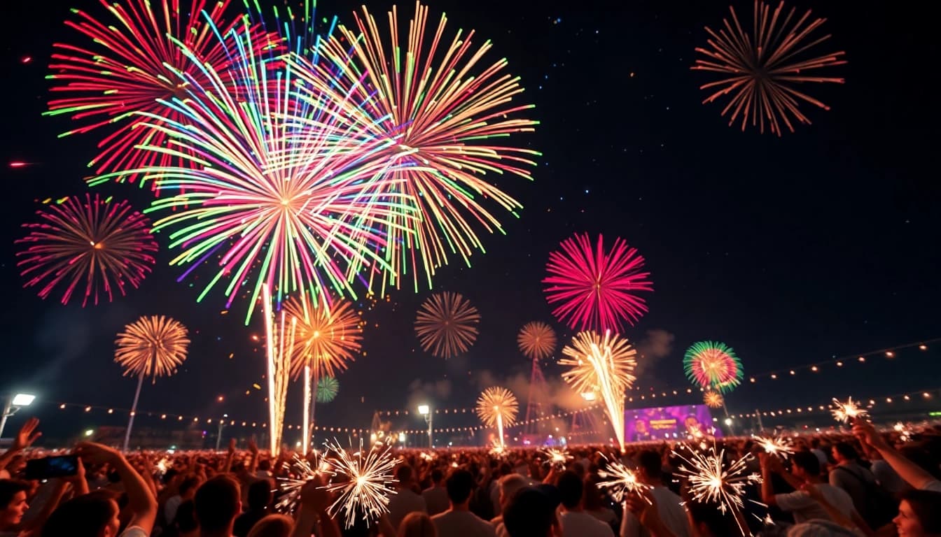 Celebrate with vibrant wholesale fireworks lighting up the night sky at a festival.