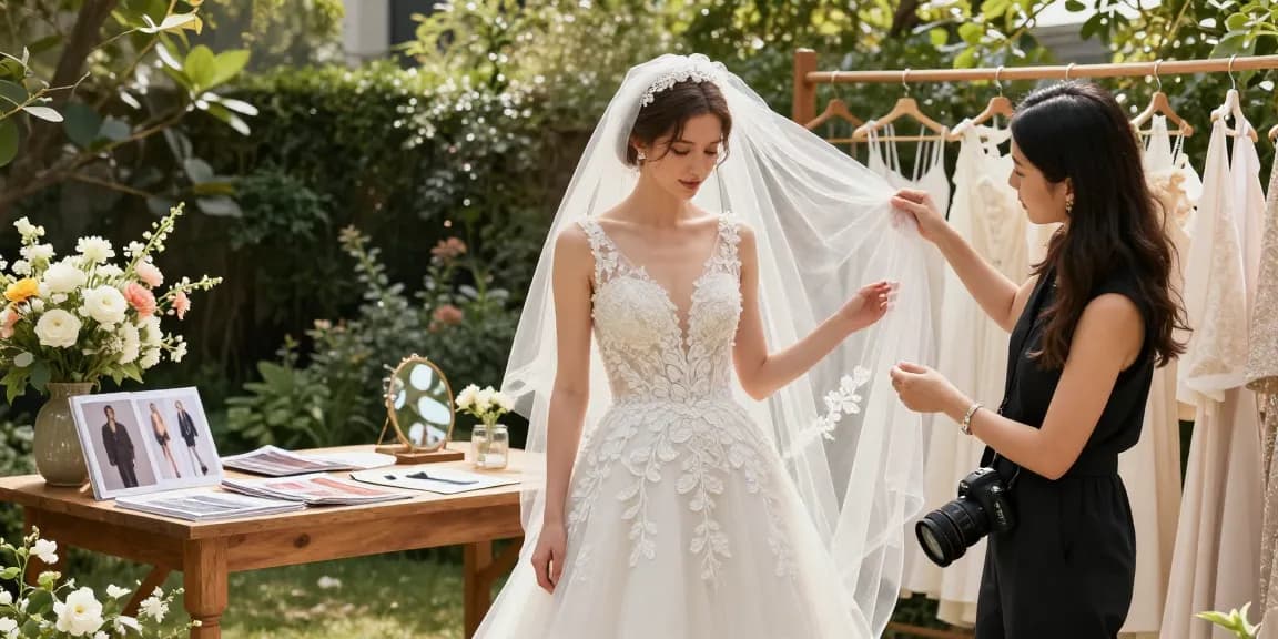 Consulenza di Bridal styling in giardino con sposa, stilista e accessori eleganti.