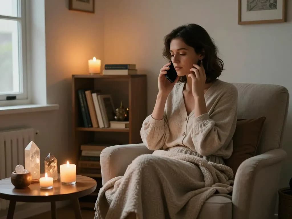 温かい雰囲気と落ち着いた装飾の中で電話占い当たるセッションを受ける女性。