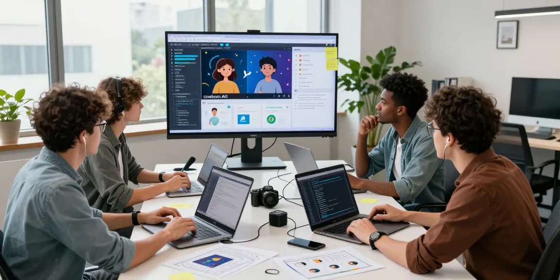 Collaborative AI project meeting showcasing crushon ai technology in a modern office.