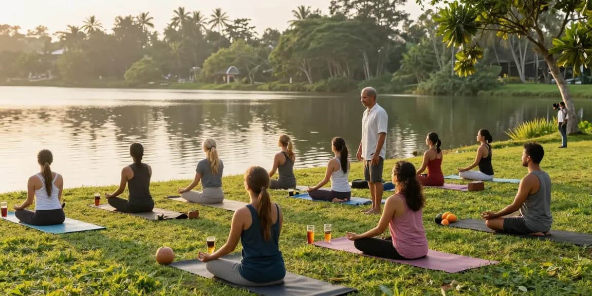 Participants immersed in yoga teacher training in Sri Lanka, practicing meditation by Koggala Lake.