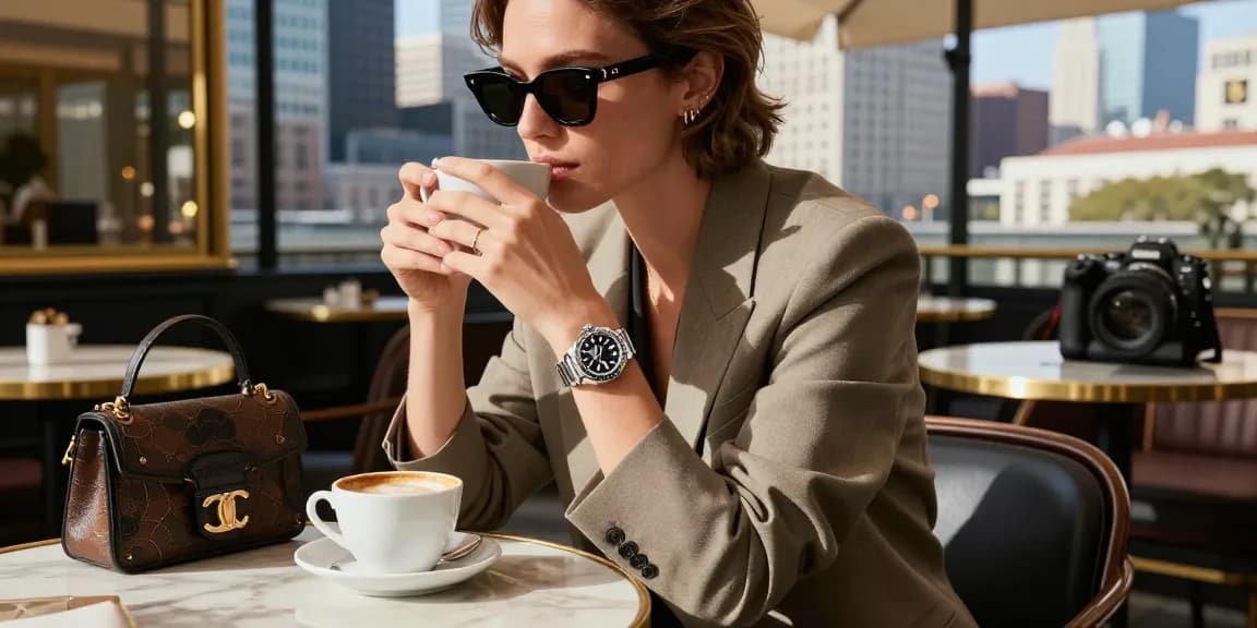 Stylish individual showcasing rolex super clone watches in an elegant urban café setting.