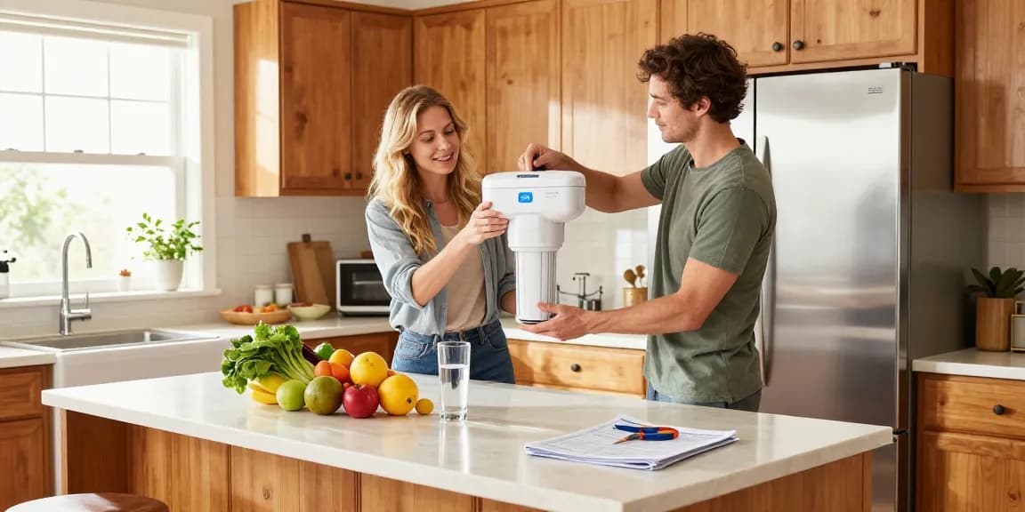 Homeowner replacing the Maxblue ADQ73613401 Refrigerator Water Filter in a brightly lit kitchen filled with fresh produce.