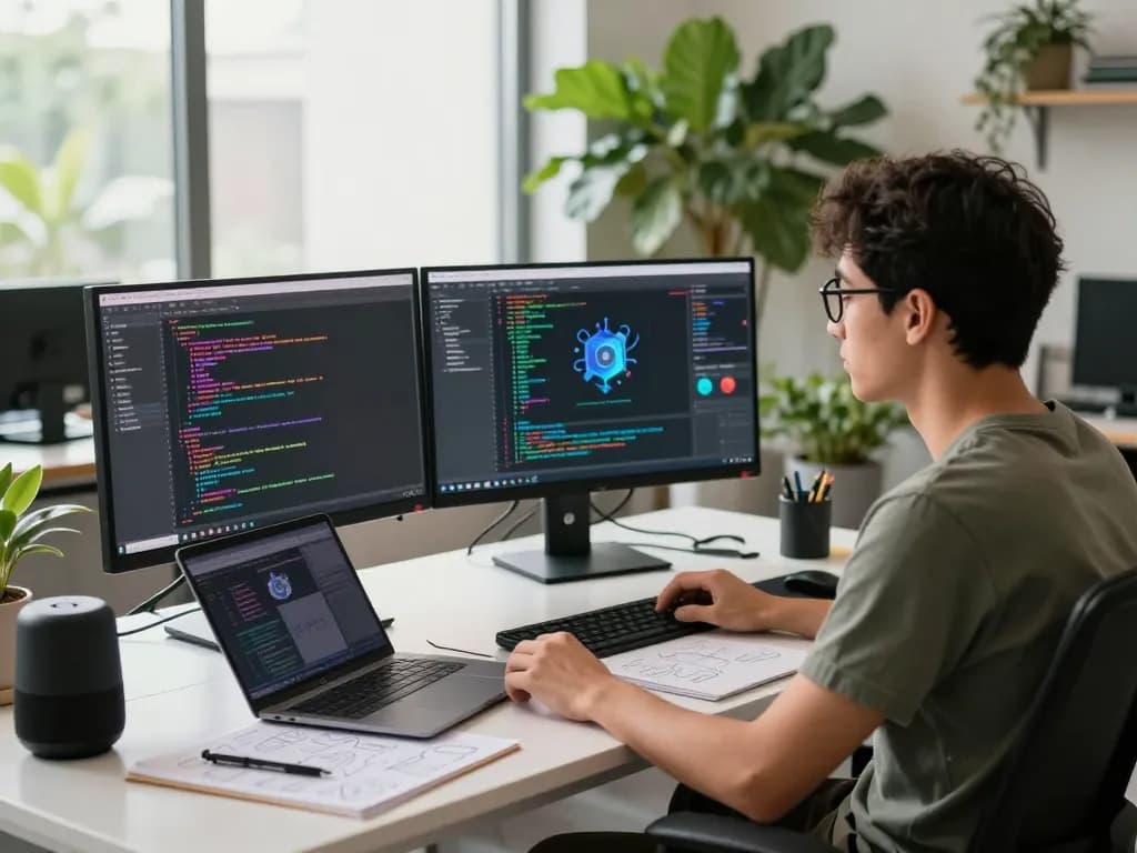 Dynamic tech workspace featuring a developer using an image to prompt ai tool on dual monitors.