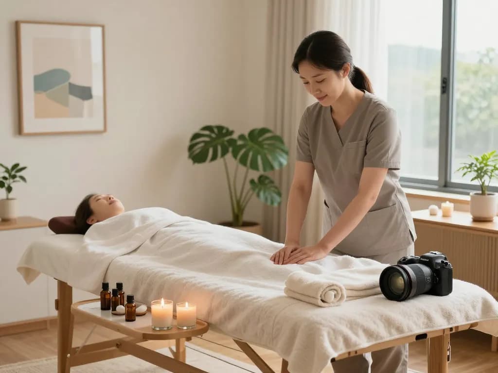 Calming 서울출장마사지 setup with soothing oils and tranquil atmosphere.