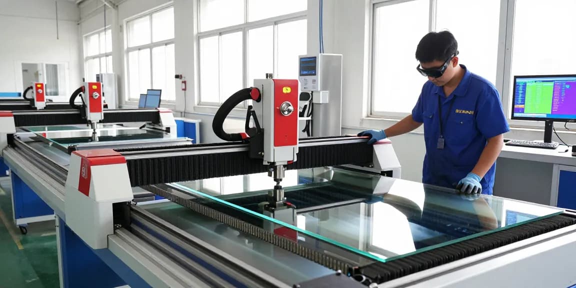 Technician operating a glass cutting machine CNC in a high-tech workshop, showcasing precision tools and bright lighting.