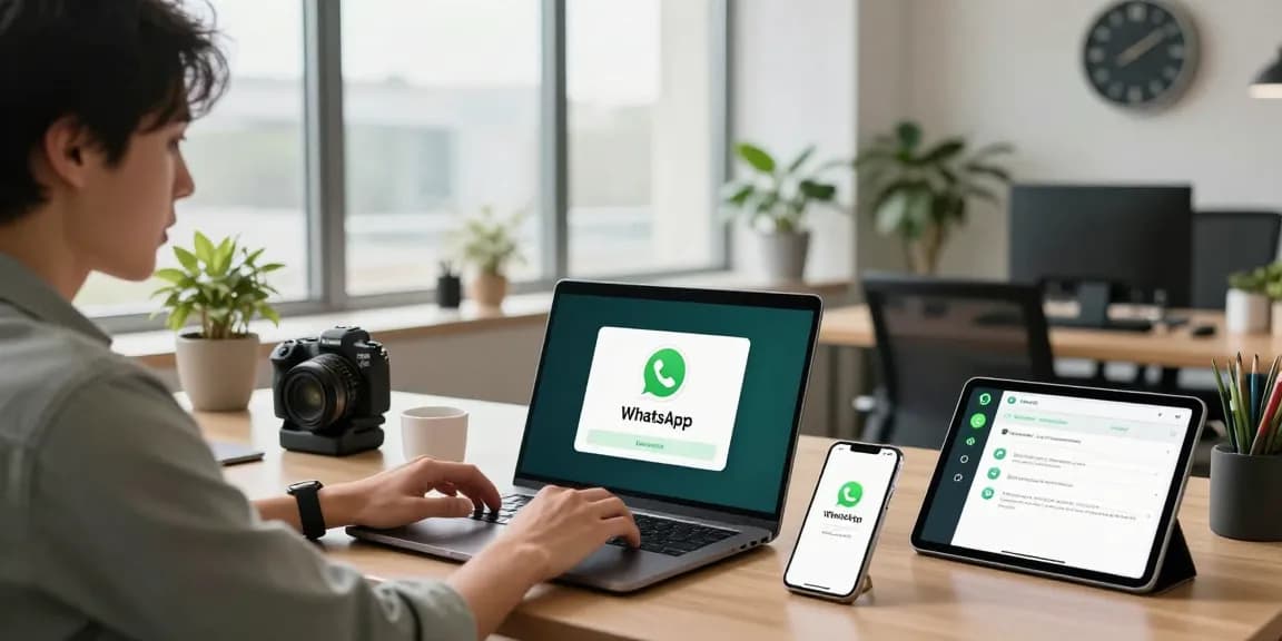 Engaging workspace scene of a professional downloading WhatsApp下載 on multiple devices in a modern office.