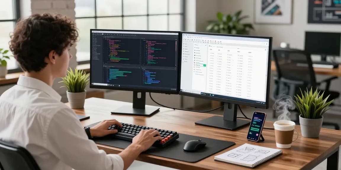 Innovative workspace for LLG link indx services with developer coding on dual monitors in modern office, showcasing technology integration.