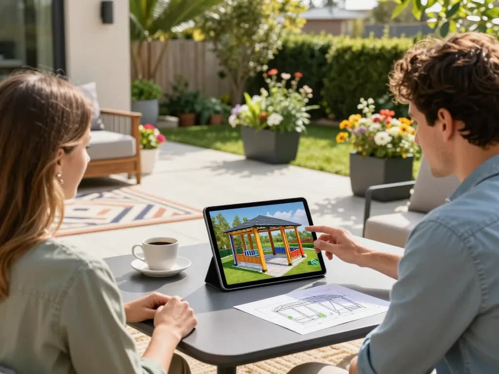 Customer engagement with 3D Pergola Configurator in an outdoor setting featuring vibrant designs and a sunny atmosphere.