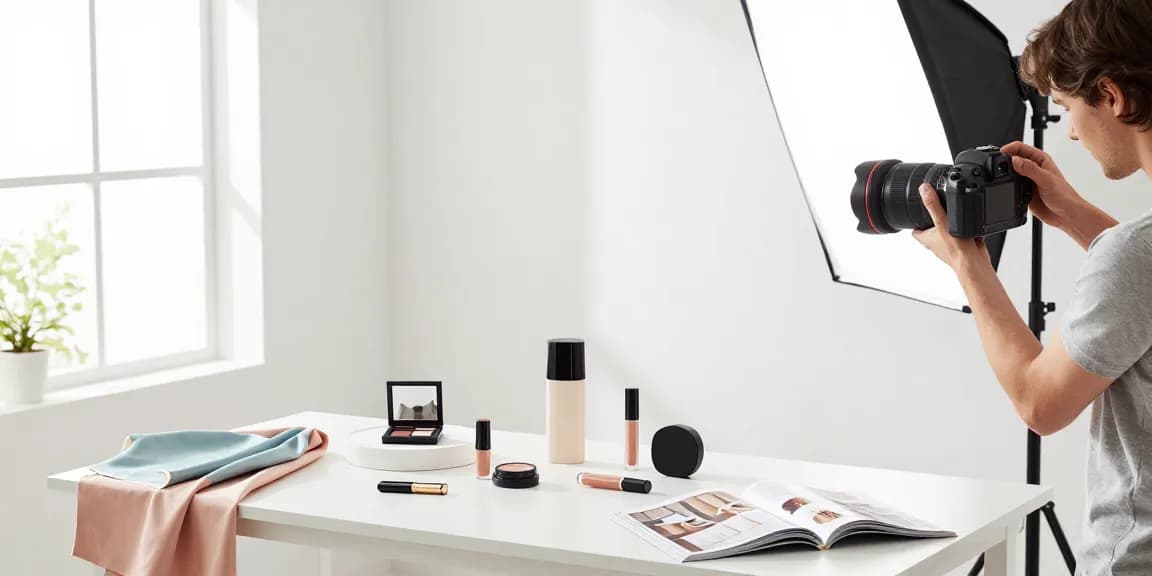 Fotografia de Produits dans un studio de photographie professionnel avec des accessoires de mode et des cosmétiques bien éclairés.