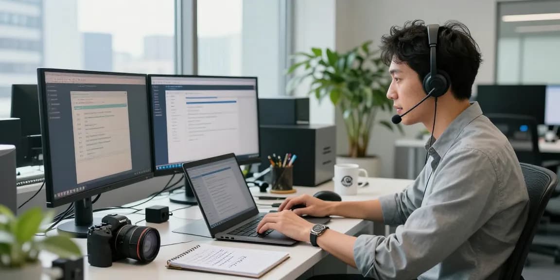 Telus-Technical-Support technician providing assistance in a modern office setup.