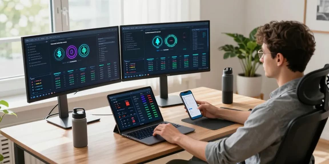 crypto mining without equipment showcased in a modern cryptocurrency workspace with advanced tech setups and digital wallets
