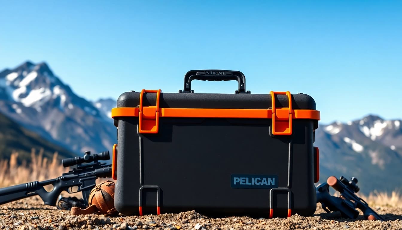 Showcasing a pelican gun case for sale in a rugged outdoor setting, emphasizing durability and design.