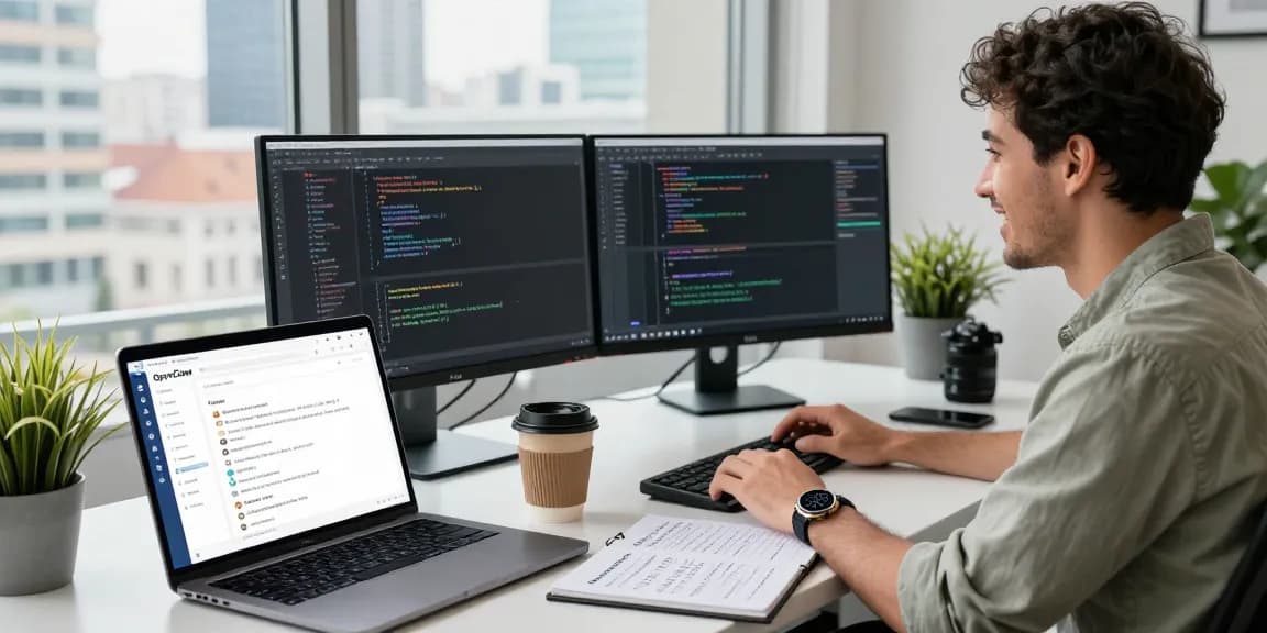 OpenClawd software being used on dual-monitor setup in a modern tech workspace, showcasing innovative task management.