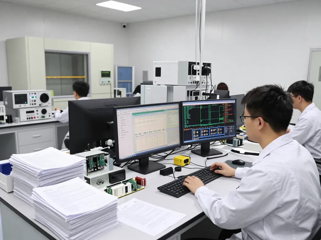 Engineers conducting RF testing for FCC compliance in a state-of-the-art laboratory.
