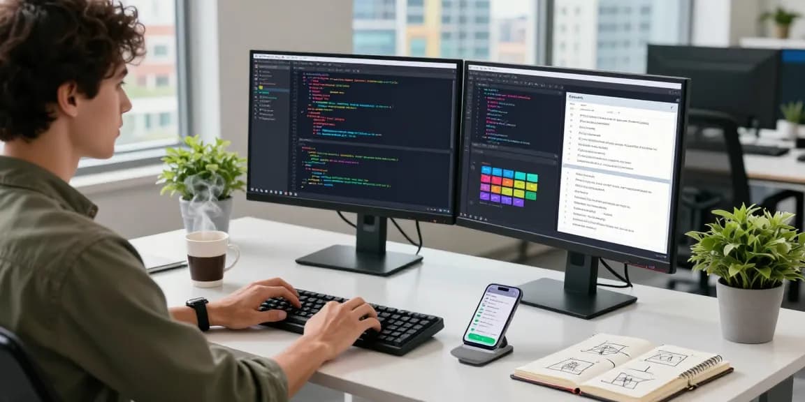 Developer coding in a modern office, showcasing open claw skill integration with dual monitors and lively workspace elements.