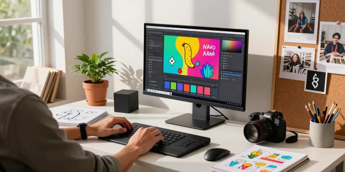 Engaging workspace where a designer uses Nano Banana Pro AI for image editing with vibrant tools and natural light.