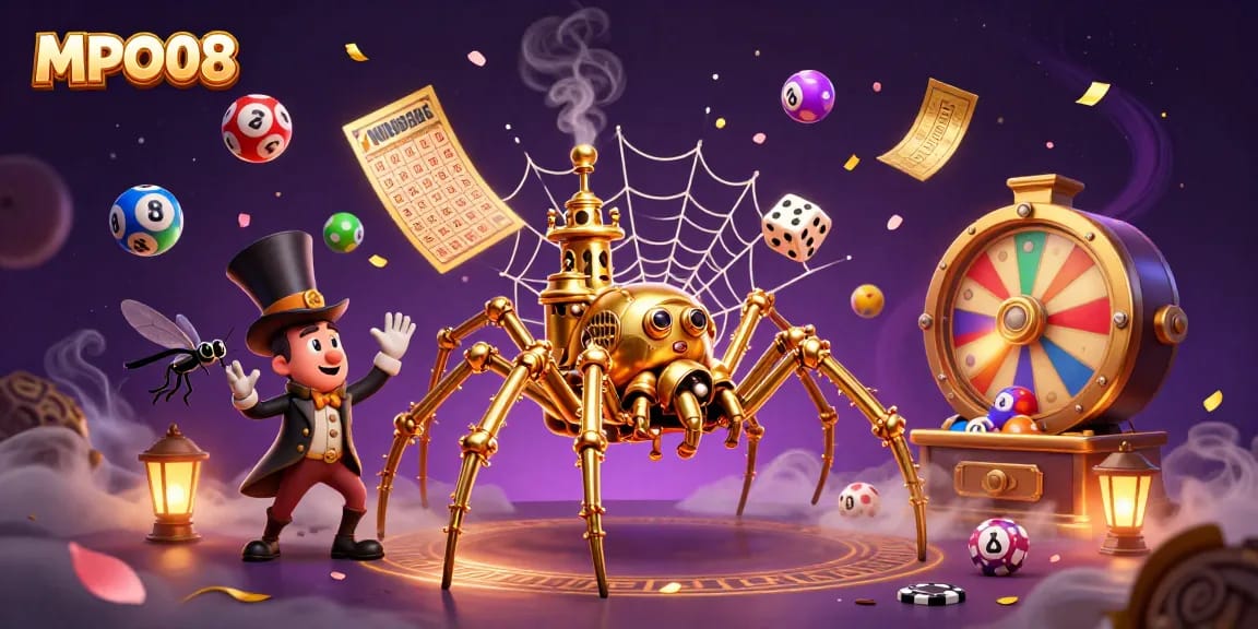 MPO08 engages players with a rich casino-themed illustration of a golden spider and a playful fly gentleman.