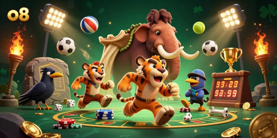 Engage in the thrilling world of o8 with a dynamic prehistoric casino scene featuring casino elements.