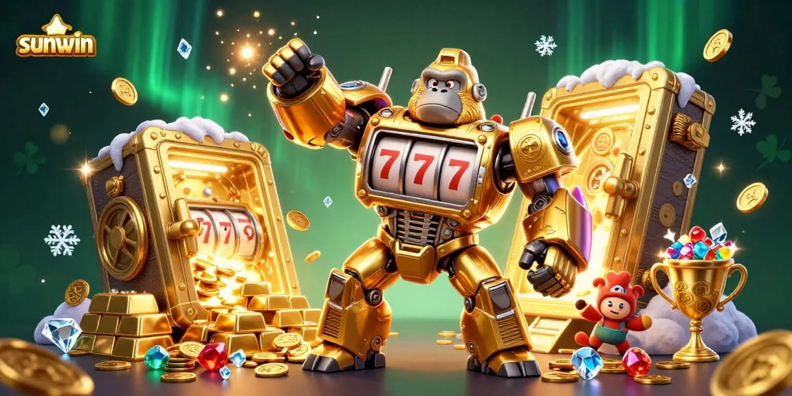 Experience the thrill of winning at Sunwin with a dynamic 3D illustration of a golden gorilla mech and treasure elements.