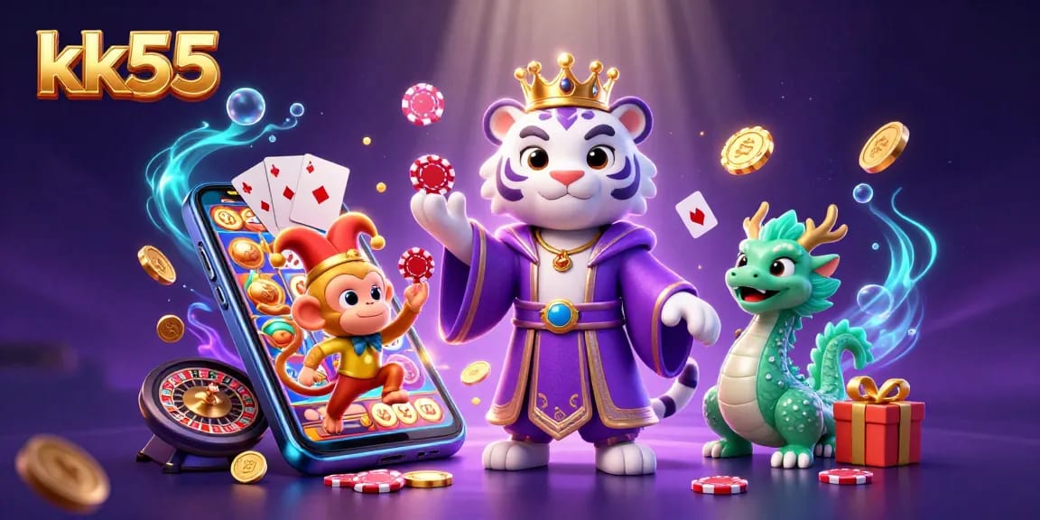 kk55 players experience thrilling jackpots surrounded by an elegant tiger, golden monkey, and vibrant casino elements