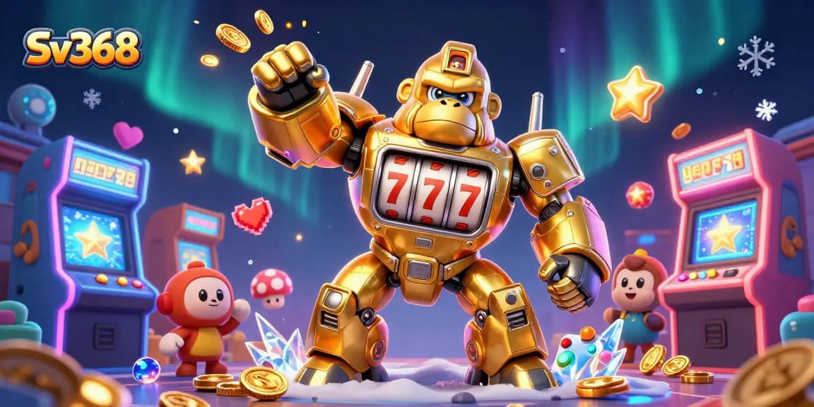 Engage in winning action at Sv368's dynamic gaming scene featuring a mech gorilla and arcade elements.