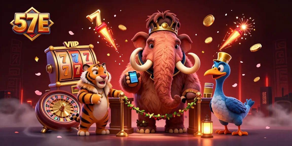 57E slots come alive as the cartoon woolly mammoth and saber-tooth tiger welcome guests to a vibrant casino.