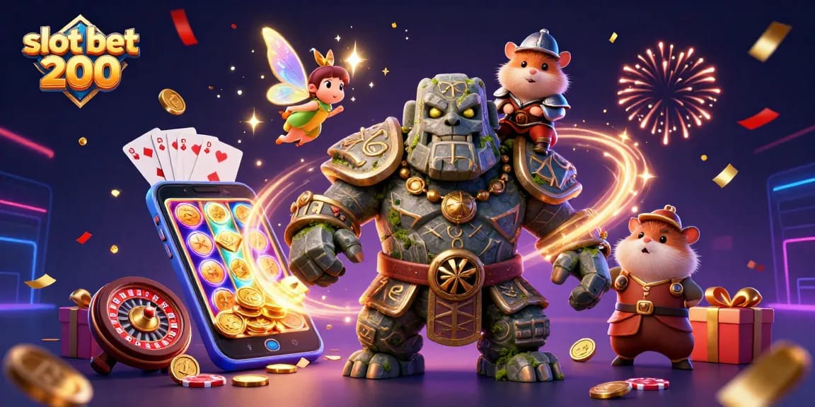 Slot bet 200 mempersembahkan ilustrasi 3D golem kuno dan peri, merayakan kemenangan perjudian.