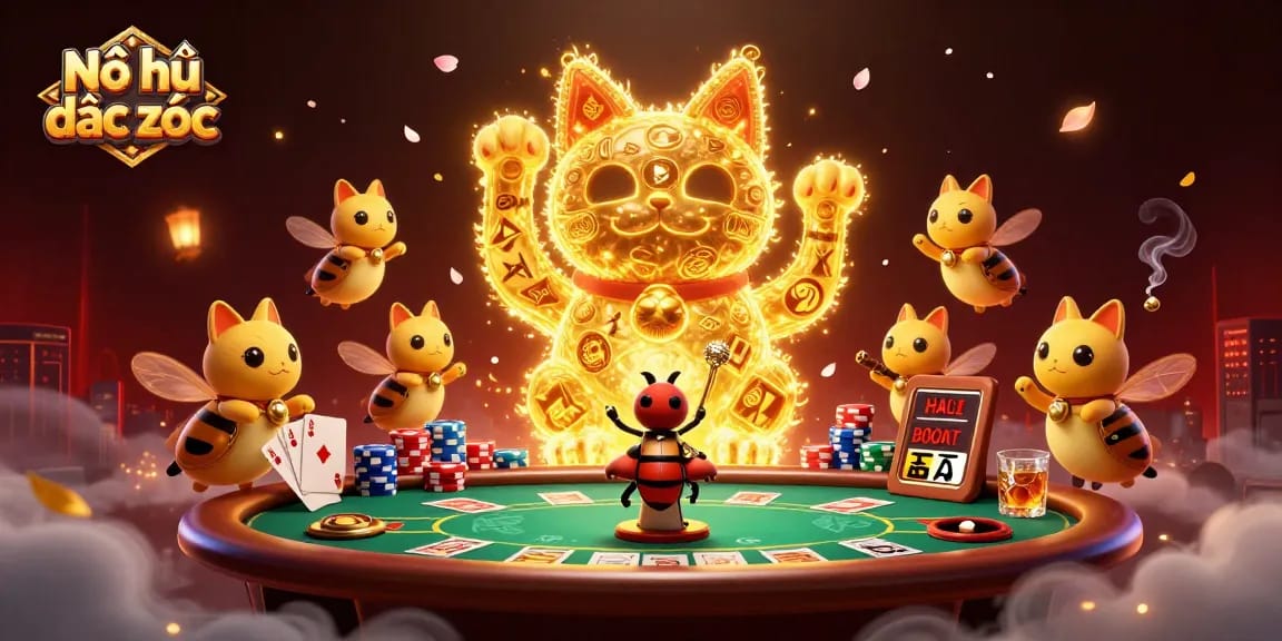 Nổ hũ đại dịch xác sống showcases a giant lucky cat made of golden fireflies around a vibrant casino scene.