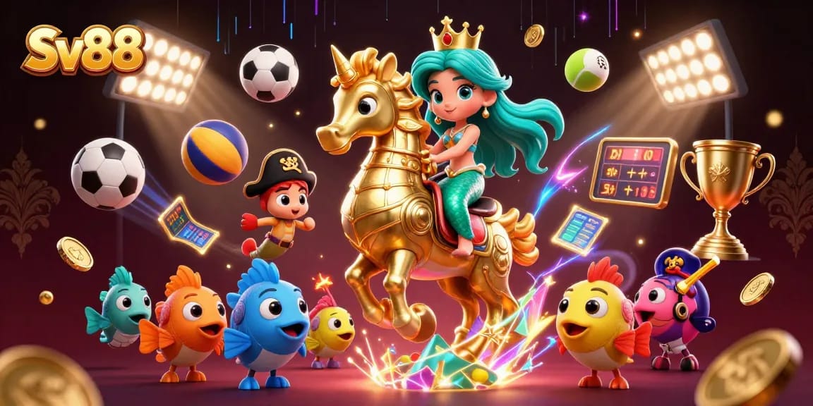 Engage with Sv88's vibrant casino experience featuring a mermaid navigating through dynamic sports-themed elements.