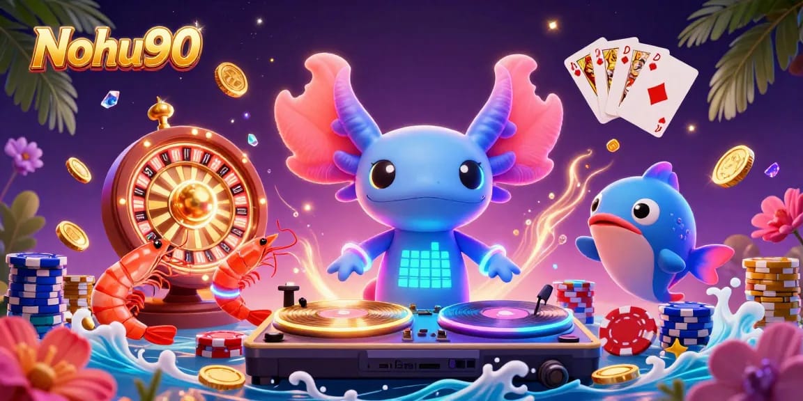 Nohu90 showcases a vibrant casino scene with an axolotl DJ spinning at an underwater party.