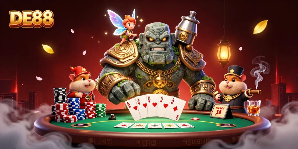 Experience the excitement of DE88 with a vibrant 3D illustration featuring a lively poker scene.