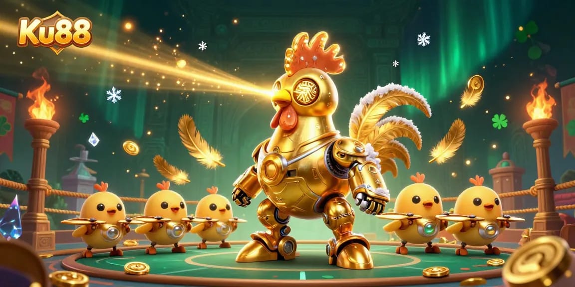 Experience thrilling gameplay at Ku88, featuring dynamic scenes with a golden rooster robot and betting tokens.