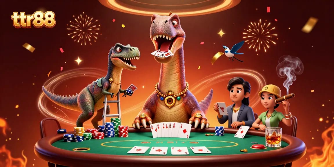 Experience the lively ttr88 casino scene with vibrant characters dealing cards and chips