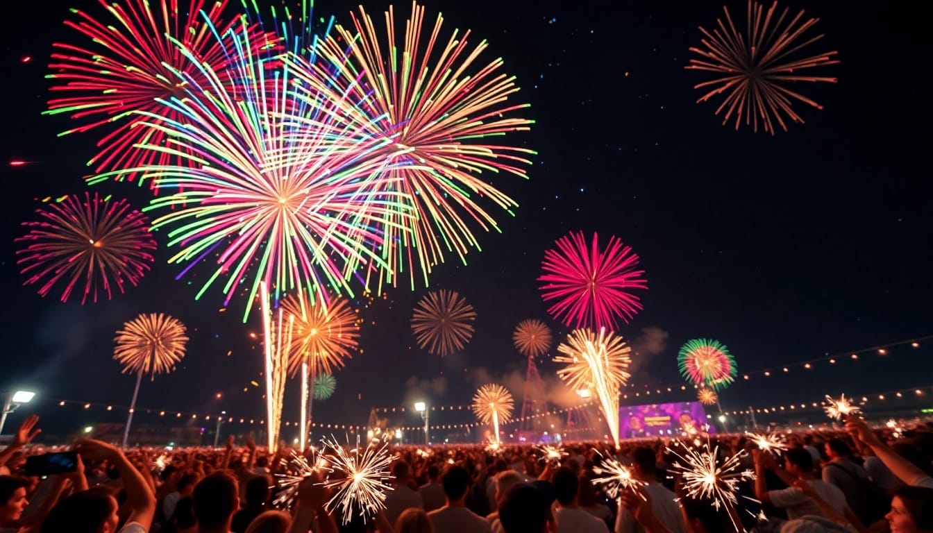 Celebrate with vibrant wholesale fireworks lighting up the night sky at a festival.