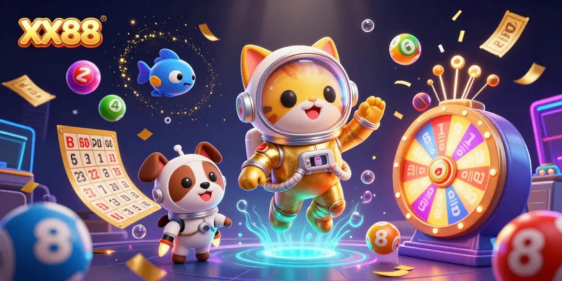 Engage with gambling thrills at XX88 featuring space-themed characters and dynamic casino elements.
