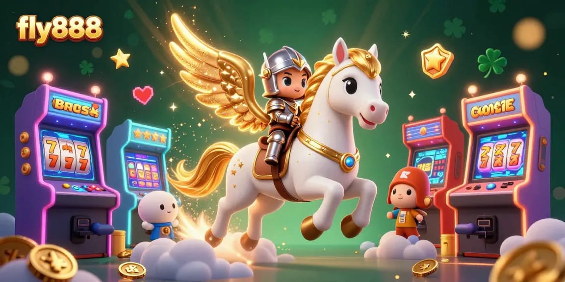 Experience the excitement of fly888 with vibrant 3D visuals, showcasing slots and casino elements!
