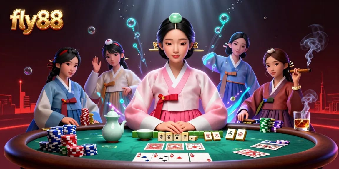 Engaging gamers at fly88 with an Asian casino scene featuring poker elements and serene ambiance.