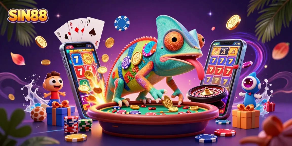 SIN88 casino scene with a vibrant chameleon owner and dynamic slot game elements.