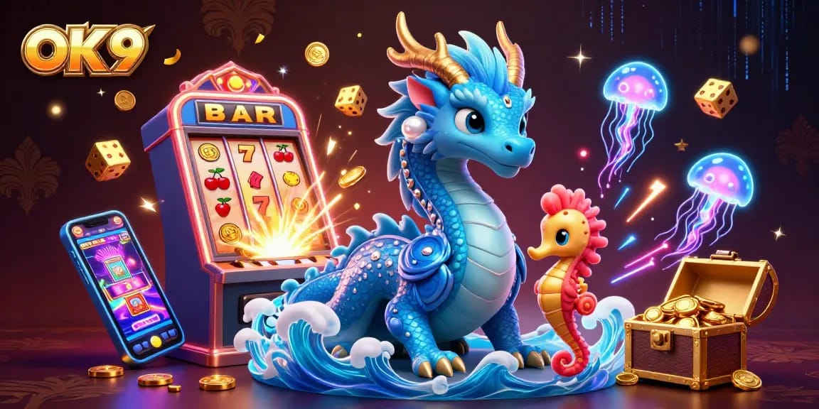 Engage with OK9's vibrant casino adventure featuring a water dragon, vibrant slot machine, and glowing jellyfish.