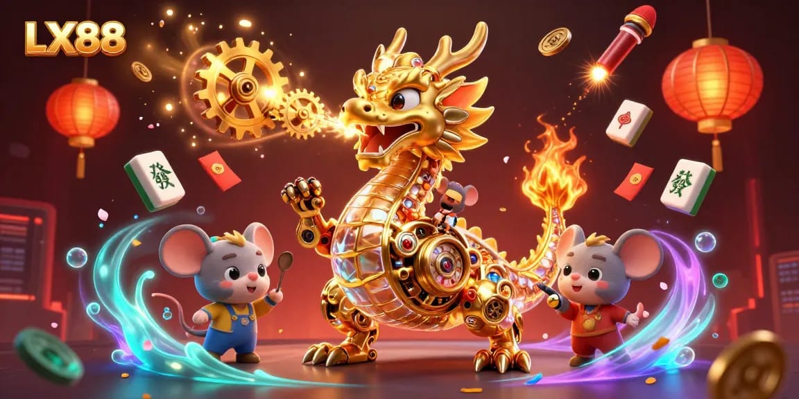 Experience thrilling gaming at LX88 with a dazzling golden dragon and captivating casino elements.