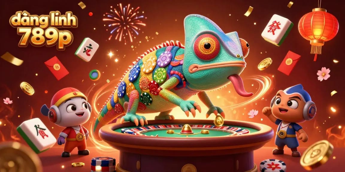 Engage with the đăng nhập 789p casino experience through a vibrant 3D scene of a chameleon owner.