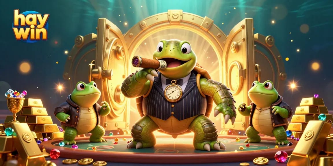 Khám phá thế giới Hay Win với hình ảnh 3D sống động của rùa lớn trong bộ vest mobster cùng hai đối tác, chào đón bạn đến sòng bạc.