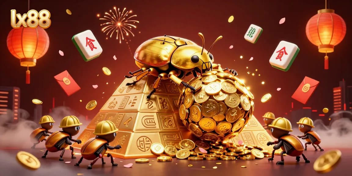 Experience thrill at lx88 as golden beetles roll coins amidst vibrant casino symbols.