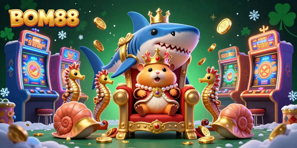 BOM88's vibrant casino scene as a golden hamster king rules from a megalodon throne amidst interactive game machines.
